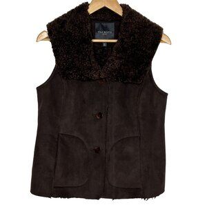 Talbots Brown Faux Suede Sherpa Vest Size 8P Cozy Winter Outerwear